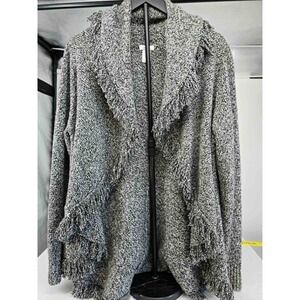Cache Women XL Black White Marl Wool Blend Fringe Open Front Cardigan Sweater